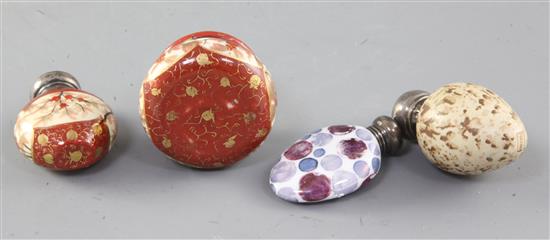 A Macintyre egg scent bottle, two other silver mounted scent bottles and a Kutani box and cover, 5cm - 6cm